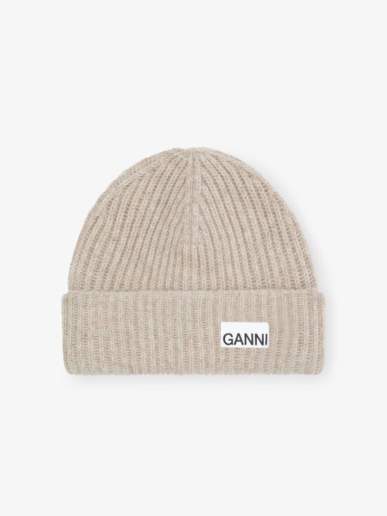 Ganni Oversized Wool Rib Knit Beanie Hat Brazilian Sand Tan Beige main image 6